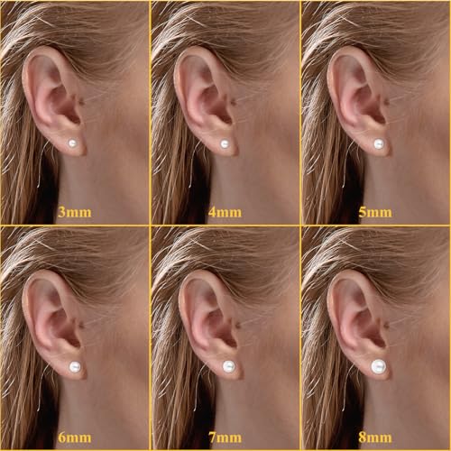 6 Pcs Flat Back Pearl Earrings for Women Gold Pearl Earrings Cartilage Piercing Earring Pearls Exquisite Pearls Earring for Gift Giving (3-8mm)4