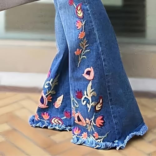 Womens Floral Embroidered Flared Jeans Bell Bottom Jeans Stretchy Denim Pants Casual Trousers Frayed Hem Trousers4