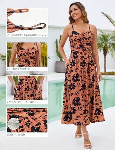 Image of Annebouti Women 2026 Summer Spring Ruched Maxi Dress Adjustable Spaghetti Strap Floral Beach Long Sundress with Pockets