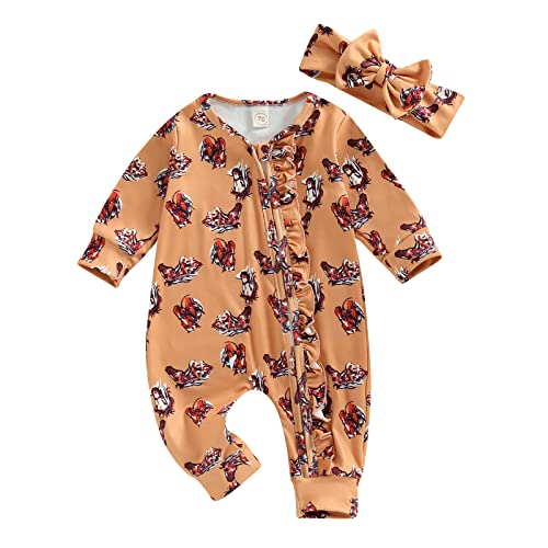 Image of Omkzanbi Western Newborn Baby Girl Boy Clothes Zip Jumpsuit Cow Print Romper Long Sleeve Onesie Bodysuit Fall Winter Outfit (Horse Printed Western Jumpsuit, 0-3 Months)