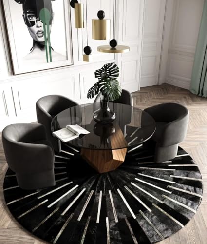Image of Round Leather Area Rug, Cowhide Soft Hair Suede Leather Carpet, Luxury Sun Rays Stripes Patchwork Round Rug, Non Slip Floor Accent, Ideal for High Traffic Areas in Living Room, Color: Black (8x8 ft)