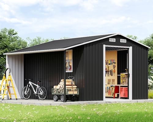 Jocisland 10.6x10.3x6.3 FT Galvanized Metal Storage Shed with Open Firewood Bay, Sliding Doors & Ramp, 2 Windows & Vents, Weather-Resistant Outdoor Tool/Garden Shed, Dark Gray