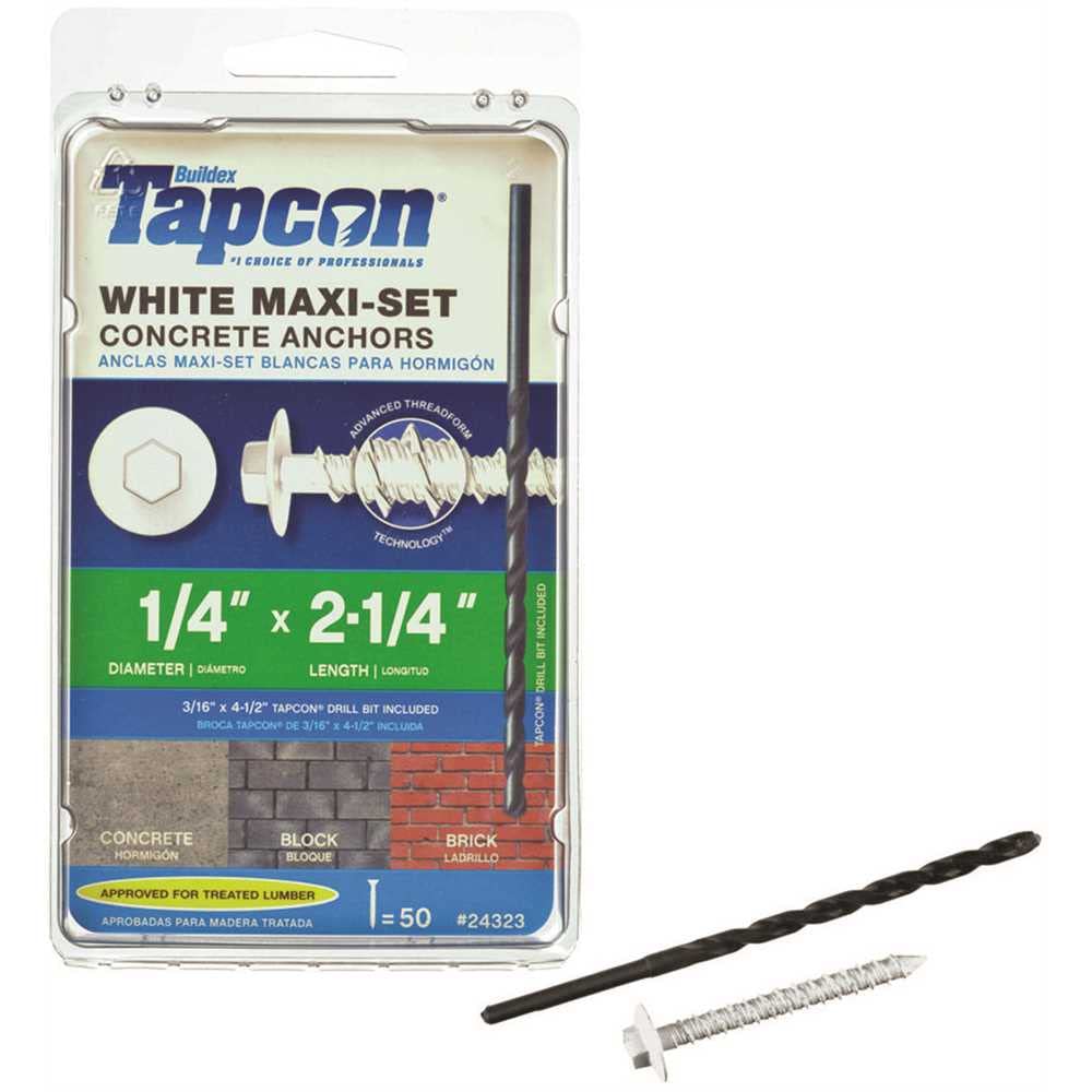 Tapcon 24323 1/4 in. x 2-1/4 in. Maxi-Set White Hex-Head Concrete Anchors - pack of 50