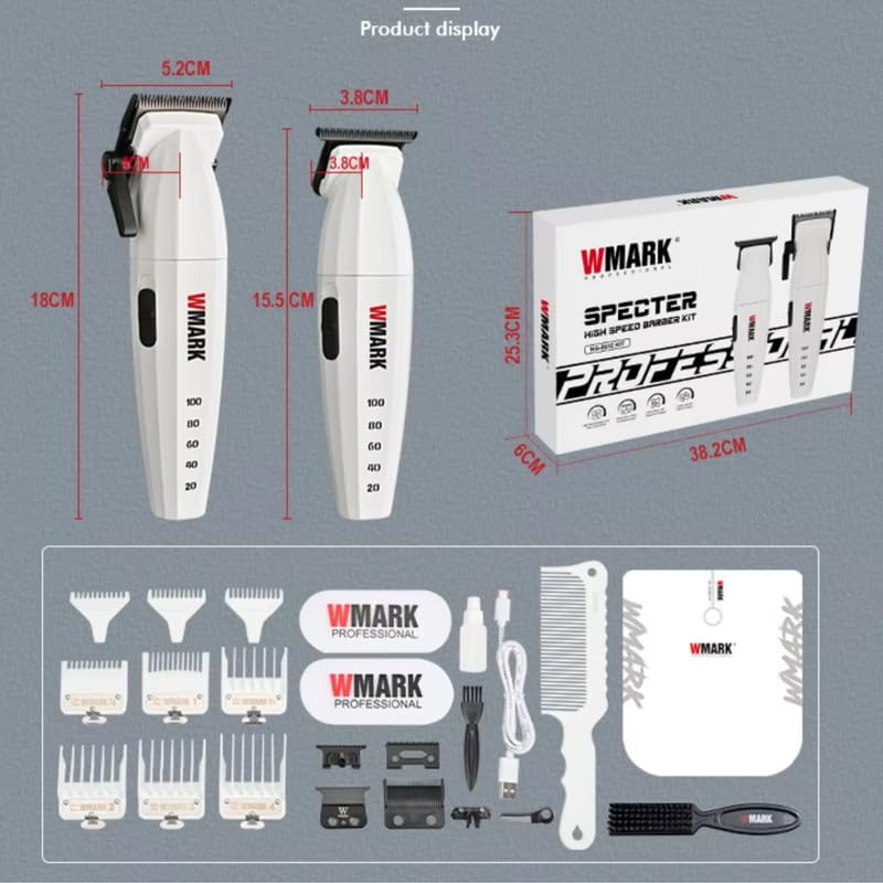 Image of WMARK Ng-8632 Kit Hair Clipper 9000RPM & 9000RPM Hair Trimmer Metal Boday 2 Speed Setting Magnetic Motor 9 Guide Comb Taper Lever Adjustments Runtime 180 & 240 Min, Model 7, White
