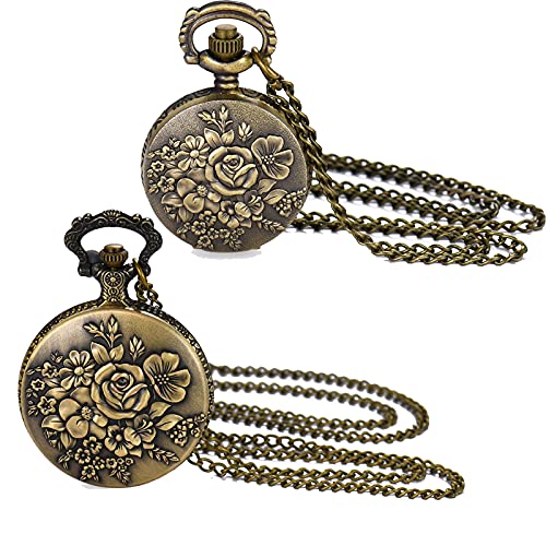 Image of JewelryWe Bronze Flower Pocket Watch: Retro Vintage Pendant Watch with Openwork Cover and 32.3 Inch Chain - for Men Women Daily Wear and Gift Giving
