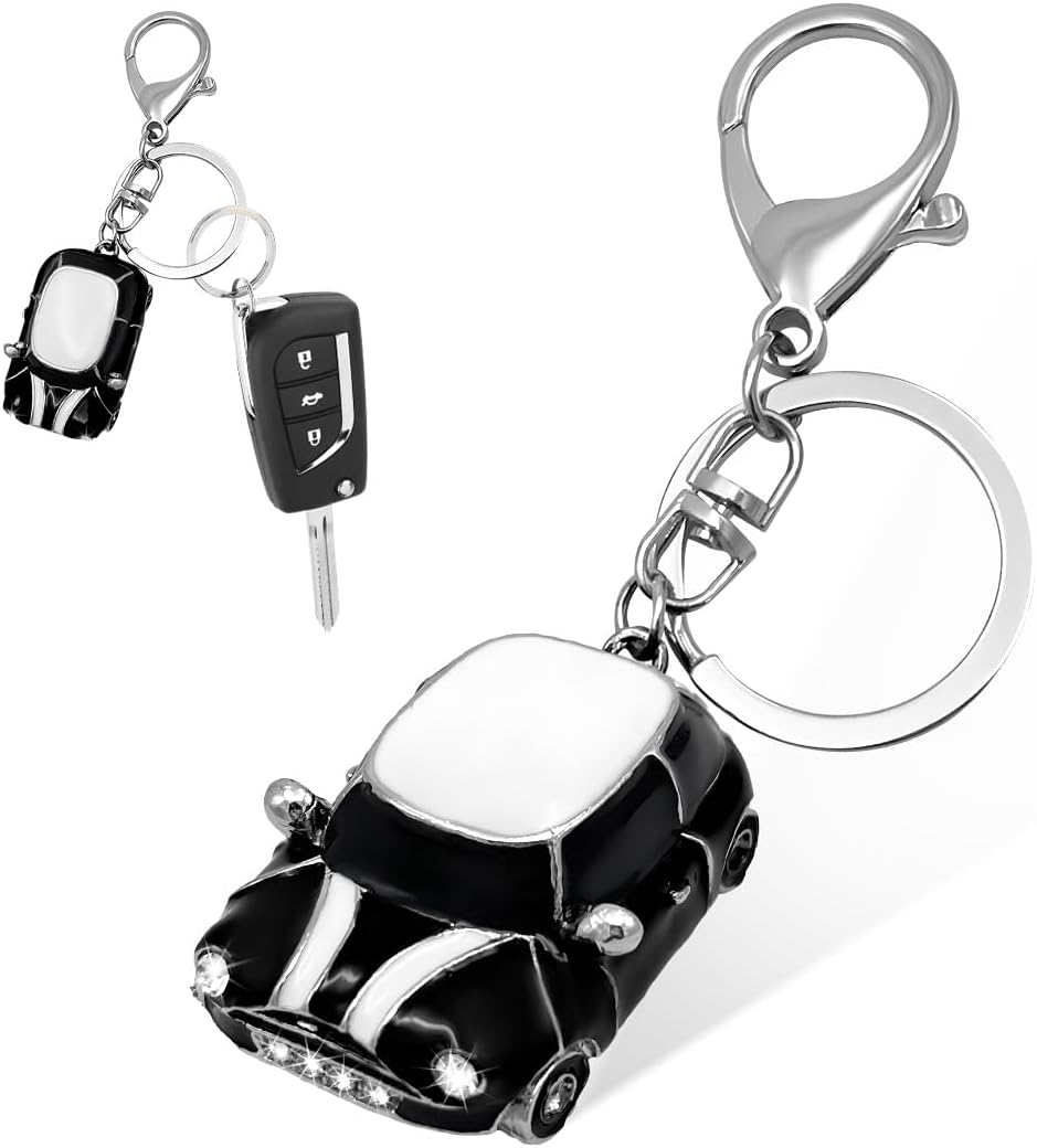 Car Model Keychain, Mini 3D Metal Car Shape Keychain with Key Ring, Rhinestone Car Keychain Gift, Car Accessories (Silver&Black)