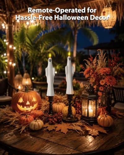 Image of Homemory 2 Pcs Real Wax Ghost Flameless Taper Candles, 3D Wick Flickering Led Candlesticks 9.6 Inch Battery Operated with Remote & Timer, Spooky Halloween Gothic Indoor Decor