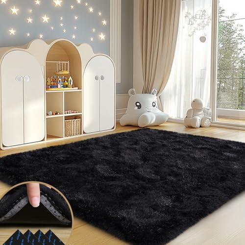 Black Rugs for Living Room, 4x6 Feet Large Fluffy Area Rugs for Bedroom, Soft Carpet Shag Kids Rug with 4 Non-Slip Rug Pads(4ft x 6ft, Black)