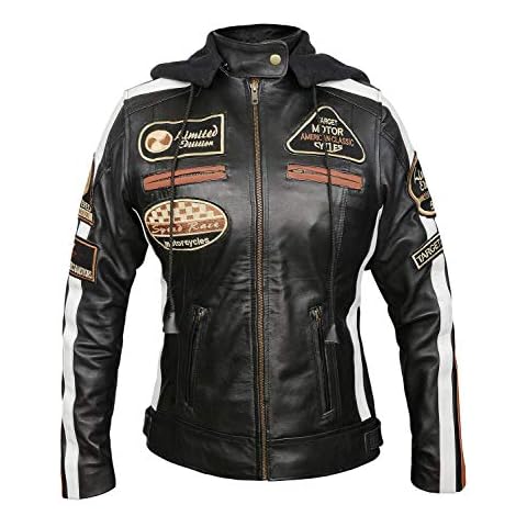 SKY-SELLER womens motorcycle jacket - Retro Biker Style Badges Logos Hooded Jacket Ladies Motorcycle Lambskin Leather Jacket protectors, medium, black Cover
