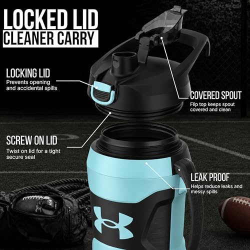Image of Under Armour Insulated Water Bottle with Handle & Fence Hook, Half Gallon Sports Water Jug, Leak-Resistant & BPA-Free for Baseball, Football & Gym - Breeze Blue /Black, 64oz