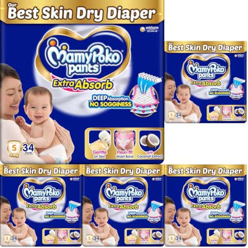 Image of MamyPoko Pants Extra Absorb Baby Diapers, Small (S size), 4-8 kg, 34 Count, Deep Sleep Diapers, Soft gentle fit, Deep Absorbent Crisscross, skin friendly with coconut oil (Pack of 5)