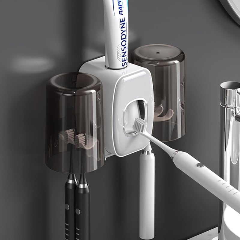 CavspkArt Automatic Toothpaste Dispenser & Toothbrush Holder Waterproof Wall Mounted Toothpaste Dispenser with 4 Brush Slots & 2 Cups Toothpaste Dispenser Organizer for Bathroom Accessories (White)
