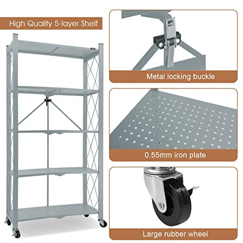 Alanng Storage Shelves Heavy Duty On Wheels, 5 Tier Rolling Cart, Metal Shelving Units 31.5" W X 13.8" D X 70" H For Garage Kitchen Bakers, Metal Wire, Collapsible/Foldable Organizer Rack, Grey #TOP3