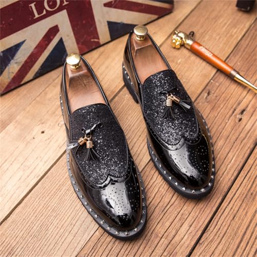 Men's Patent Leather Slip On Sequin Two Tone Rivet Wing Tip Brogue Oxford Shoes Shine Luxury Tassels Low Top Loafers for Party Nightclub Perform Socialize4