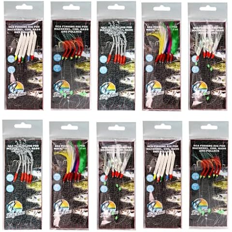LAZY LURES 10 (2 x 5 Styles) Ready to Use Tied Boat Sea and Shore Feather Lure Rig for Mackerel, Pollock, Cod and Bass Cover