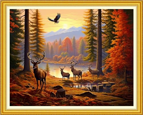 Image of Funchey Stamped Cross Stitch Kits, DIY Cross Stitch Pattern for Adults Beginners Needlepoint Kits Embroidery Kit Arts and Crafts 11CT-Forest elk 16x20 inch