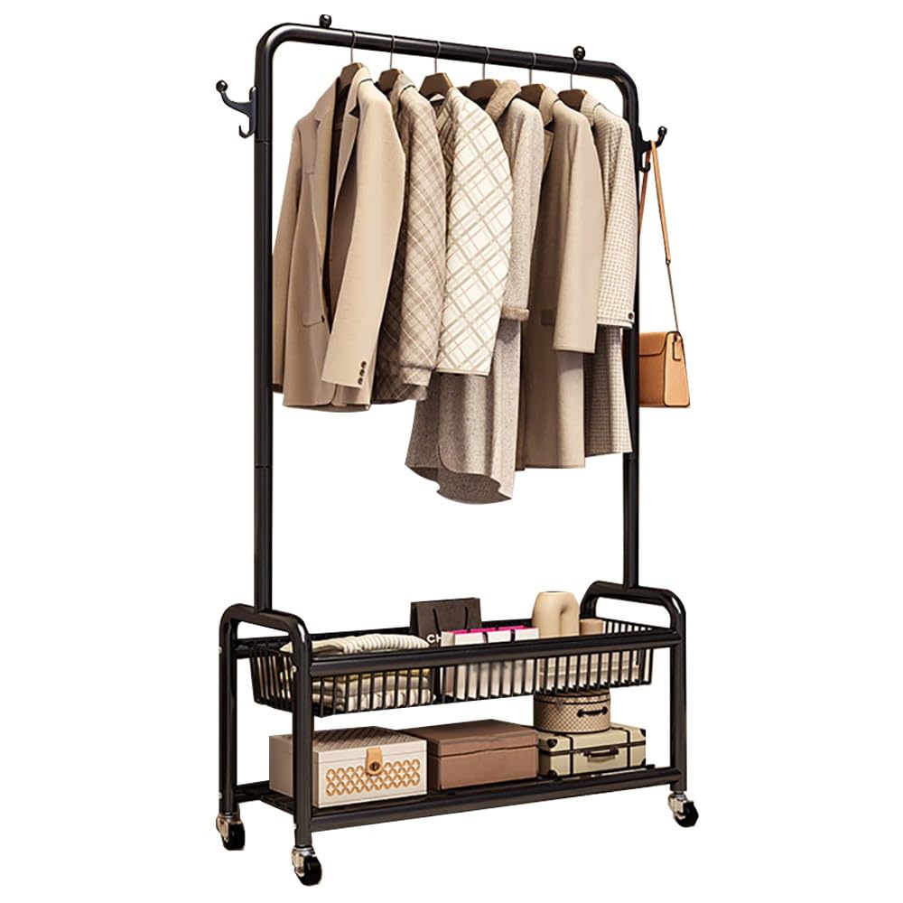 FGXHHS Rolling Clothing Rack On Wheels, Sturdy Metal Garment with Storage Shelf for Bedroom, Living Room, Maximum Load 100kg