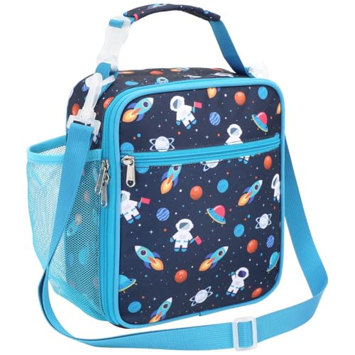 Bagseri Lonchera para niños con correa para el hombro, lonchera aislada para niños con soporte para botella de agua, bolsa de almuerzo reutilizable para la escuela, astronauta espacial azul oscuro