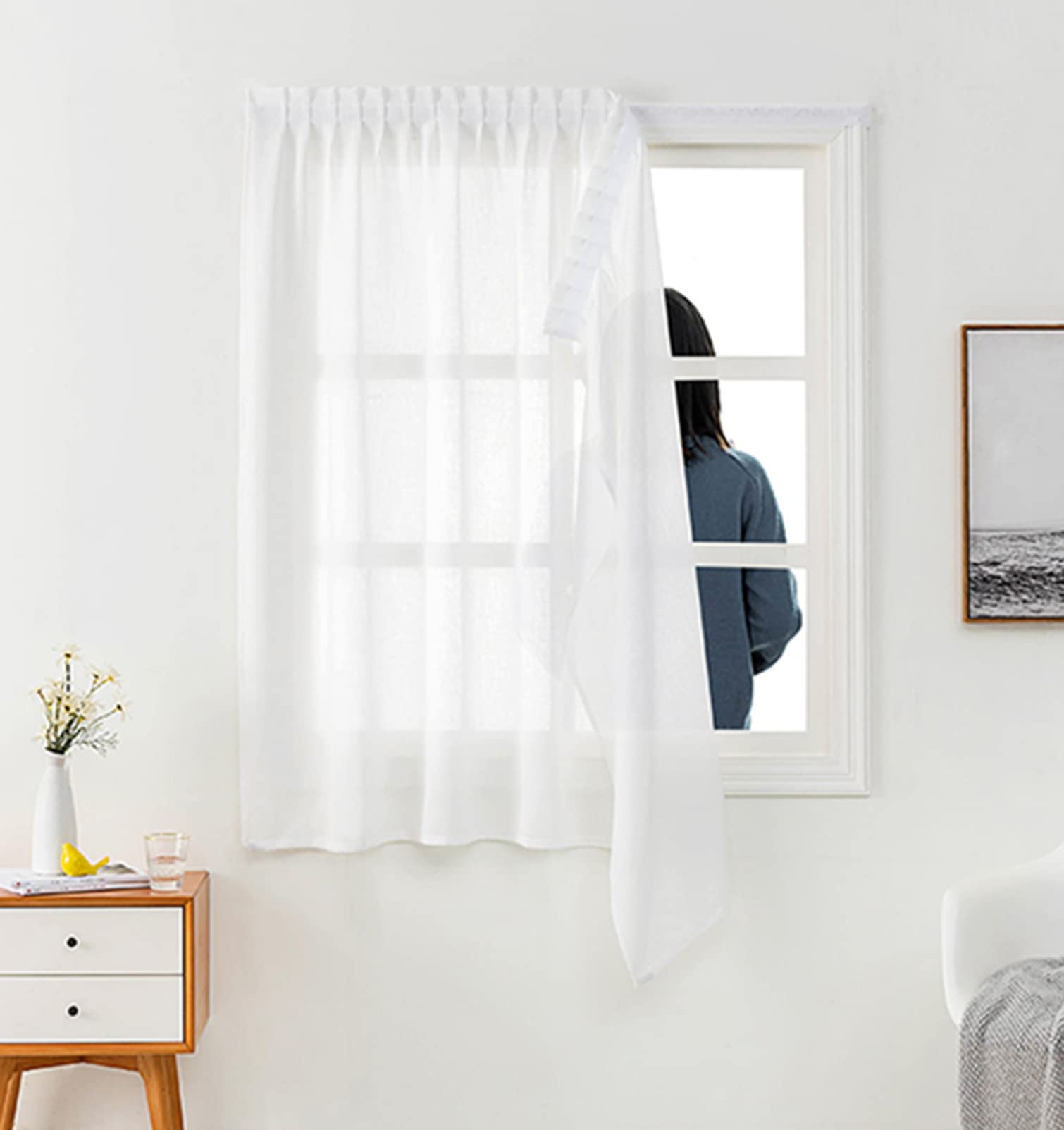 Tende Oscuranti con Autoadesivo,Senza Fori,Tende Isolanti Termiche Rimovibili in Lino Cotone,per Pannello Drappeggiato Privacy Finestra Camera da Letto Soggiorno (White,W180xH200cm(71x79in))