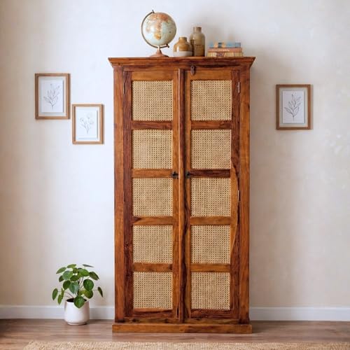 Image of Modern Furniture Boho Sheesham Wooden Crockery Cabinet with Door | Solid Wood Multipurpose Storage Cabinets for Living Room Home & Kitchen | Book Shelf Wooden - Natural Finish