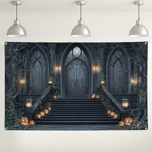 Fondo gótico de Halloween, decoración de pared de escalera de castillo espeluznante, fondo de fotos espeluznante para fiesta de Halloween, suministros de festividades de otoño, 71 x 43 pulgadas