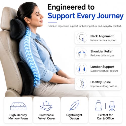 Image of Memory Foam Car Neck Pillow & Lumbar Support Combo | Ergonomic Car Headrest Neck Rest & Back Support Cushion for Driving, Office Chair & Travel | Black | Pack of 1
