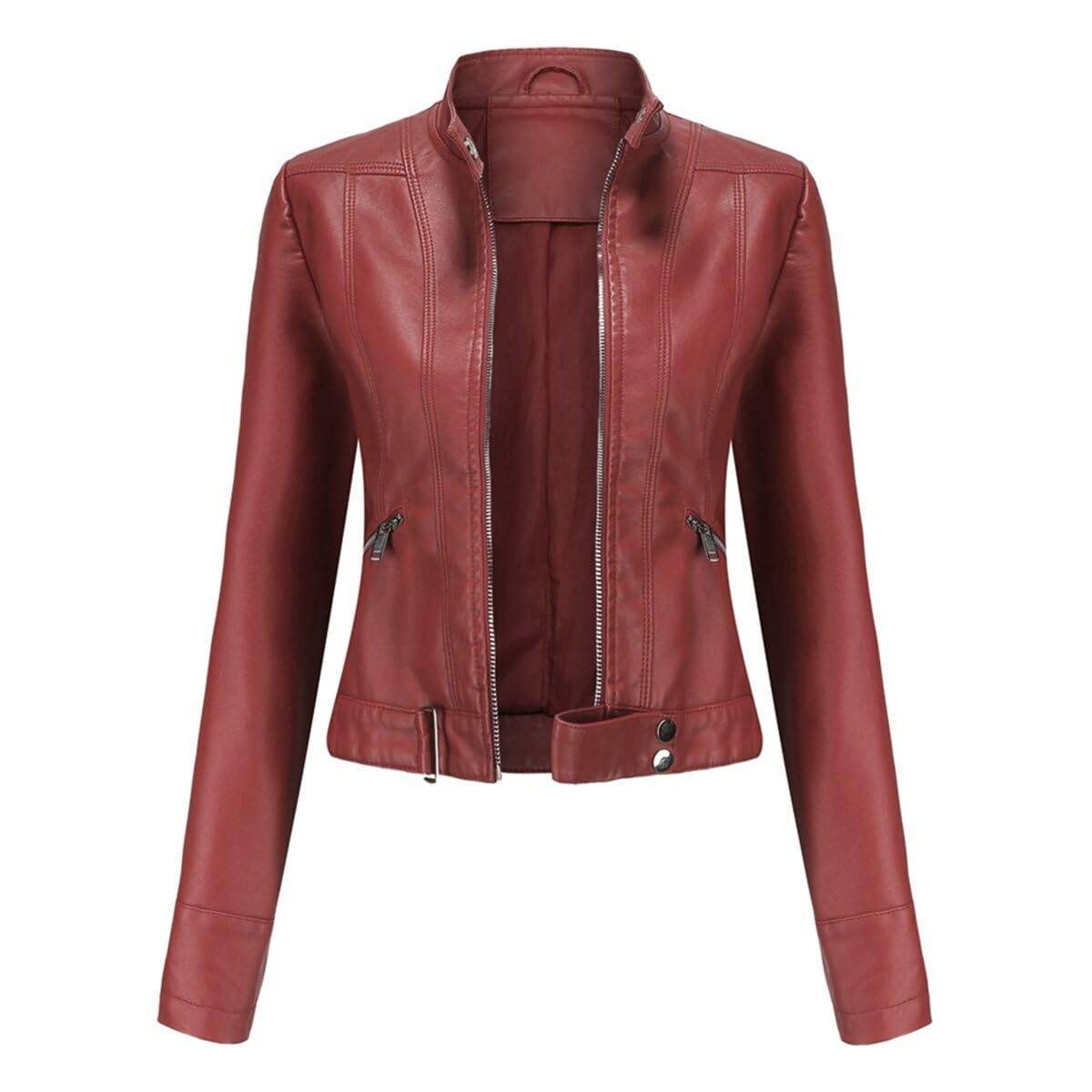 YFFUSHIWomen Classic Faux Leather PU Moto Biker Jacket Short Slim Fit Casual Zip Up Coat