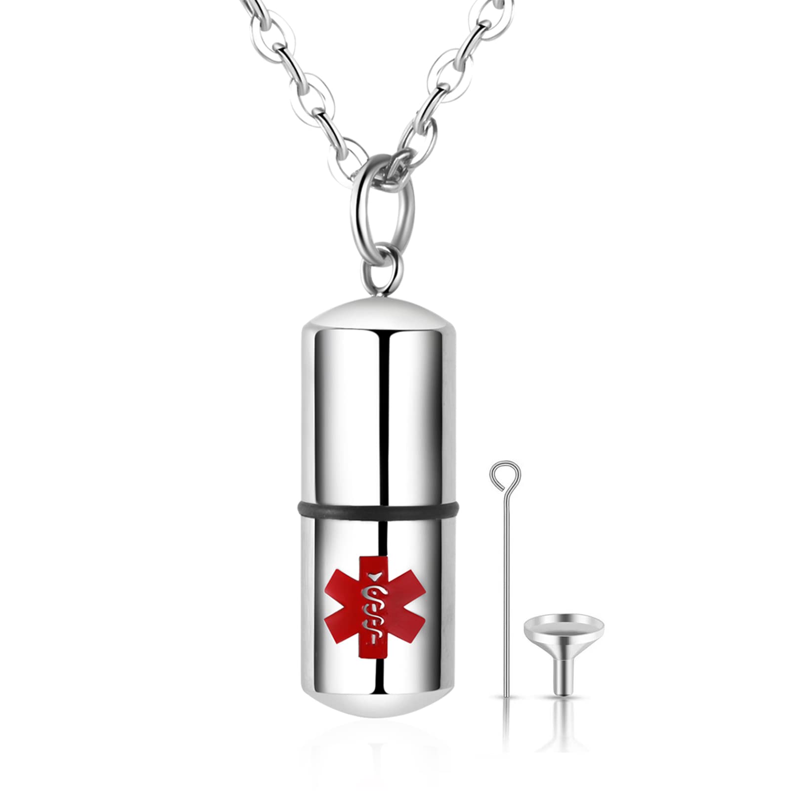 RofusnLarge Medical Alert Necklace, Womens Mens Stainless Steel Medical Identification Alert Pendant Necklace