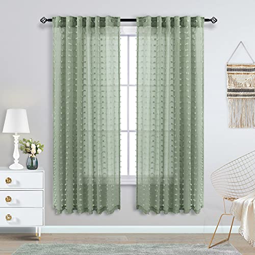 Image of KOUFALL Sage Green Curtains for Bedroom,Semi Sheer Privacy Not See Through Pom Pom Flowy Boho Living Room Curtains 63 Inch Length 2 Panels