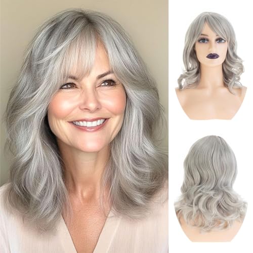 Qnbiar Blanc Femme Perruque Bob Grise Courte Longueur des épaules Ondes Naturelles Perruques de Cheveux Synthétiques Résistantes à la Chaleur pour Fêtes...