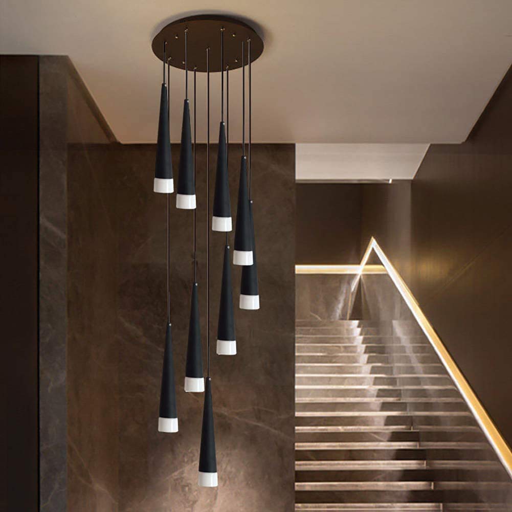 Semi-luz De Techo De Montaje Al Ras,Escaleras De Caracol De Apartamento Luz De Techo,Lámpara De Suspensión Creative Villa,15 Cabeza Loft Largo Lámpara De Sala Luz Blanca Negra 15-light