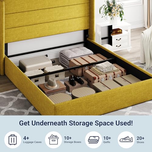 Image of Allewie Full Size Lift Up Storage Bed, Modern Wingback Headboard, Hydraulic Support, No Box Spring Needed, Olive Yellow