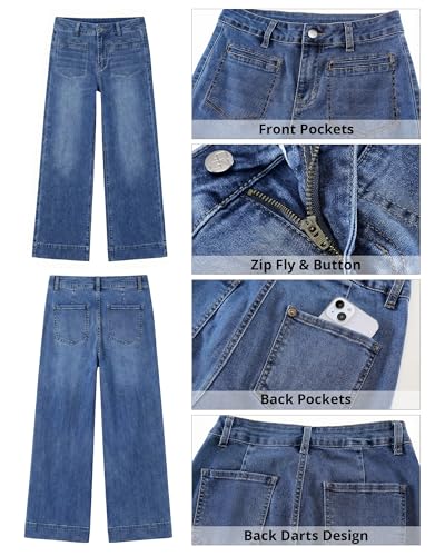 GRAPENT Wide Leg Jeans for Women Cropped High Waisted Trendy Patch Pocket Baggy Loose Straight Leg Stretchy Denim Pants - image 9