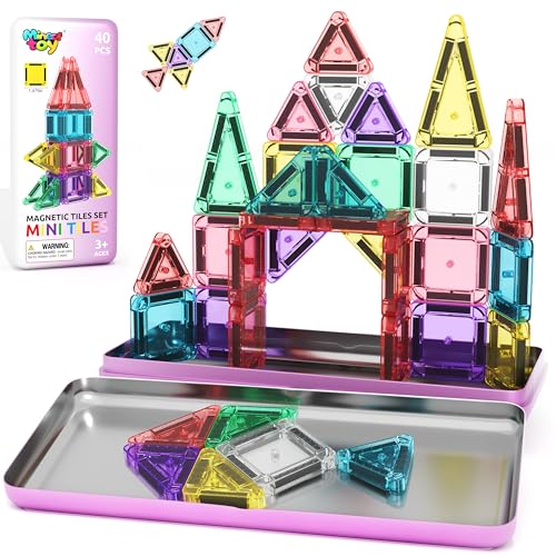 Image of 40PCS Magnetic Tiles Mini Travel Essentials Toddler Toys with Case Set, Preschool Montessori Education Magnetic Building Blocks Games Sensory Toys for 3 4 5 Year Old Boys Girls Birthday Gifts
