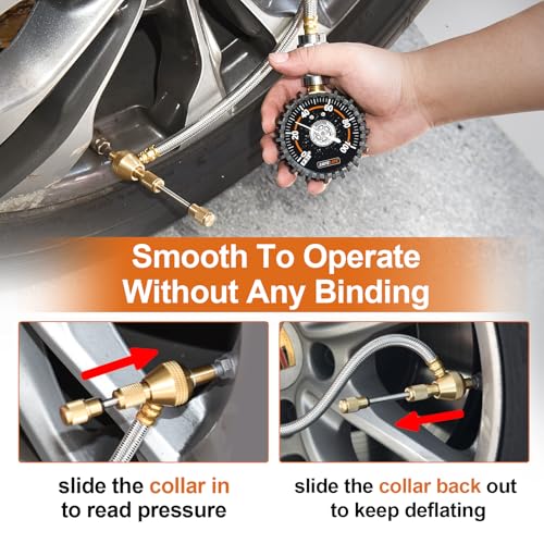 Image of Tire Deflator with Pressure Gauge (0-100psi) Adjustable Tire Air Down Tool - Large 2.5 inch Easy Read Glow Dial & Solid Brass Hardware - Rapid 4x4 Offroad Deflator Kit for Jeep, Truck or ATV