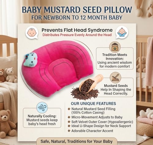 Image of Wavva Pillow for New Born Baby, Ideal for Round Head Shaping Pillow with Foam Cotton Cover for 0 to 12 Months Babies (Pink)