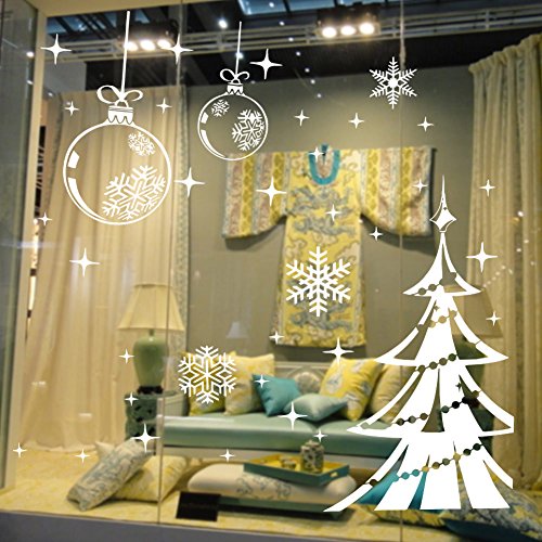 DNVEN Calcomanías de pared de Feliz Navidad, árboles de Navidad, bolas brillantes con copos de nieve, adornos decorativos de pared, calcomanías de puerta y ventana, calcomanías de vidrio para