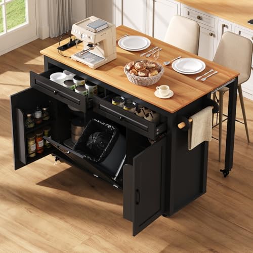 YEHTOKHOME Îlot Central Cuisine avec Station de Charge, Desserte de Cuisine avec Plans de Travail Extensibles, 2 Tiroirs, 2 Portes, Poubelle Intégrée, Porte...