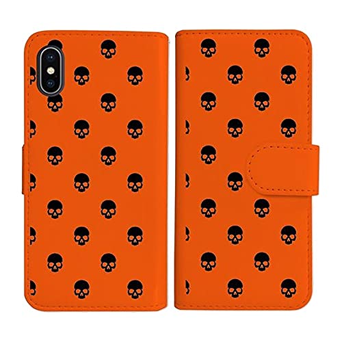 sslink iPhone17 Pro Max アイフォン17プロマックス 対応 手帳型 オレンジ ケース スカル ドクロ 骸骨 ドット ブラック ダイアリータイプ 横開き カード収納 フリップ カバー