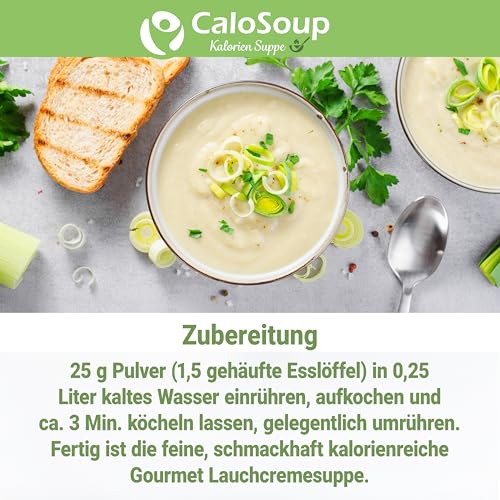 Hochkalorische Suppe zum Zunehmen 20 Portionen | Nahrung hochkalorisch als Fertigsuppe | Fertiggerichte mit Gemüse | Flüssignahrung CaloSoup Kalorien Lauchsuppe (Lauchcreme) 500 g