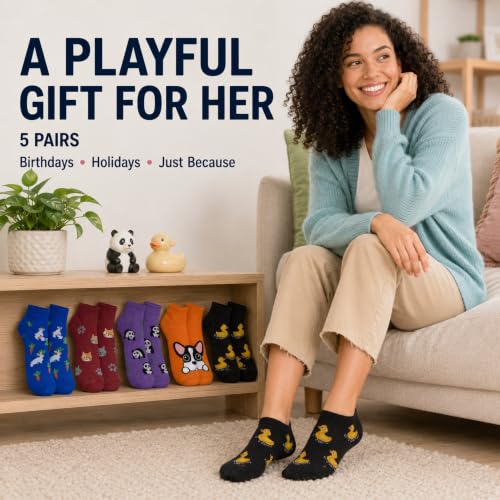 Image of KONY Women's Cotton Ankle Socks, Fun Novelty Patterns, 5 Pairs