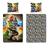 Familando Wende Bettwäsche-Set Lego Ninjago · 135x200 cm + 80x80 cm · Motiv Quadrant Lloyd Kai Zane Jay · 100% Baumwolle Linon Qualität Kinderbettwäsche