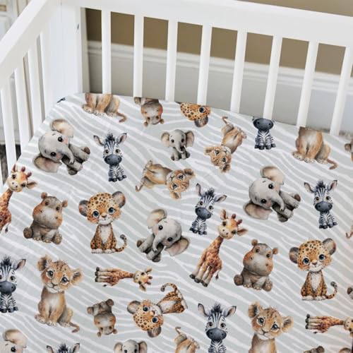 Image of HawSkgFub Safari Jungle African Animals Fitted Standard Baby Crib Sheet Boy Girl, Giraffe Lion Tiger Elephant Zebra Toddler Mattress Cover, Soft Stretchy Nursery Bed Sheets Decor Kids Gift 52 inch x 28 inch