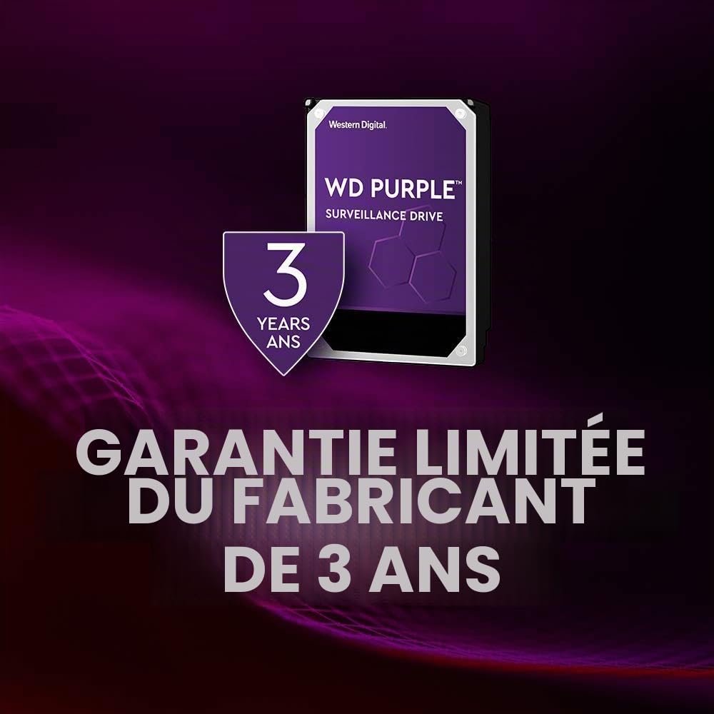 Western Digital - WD Purple 2To - Disque dur interne pour la vidéo surveillance avec technologie Allframe 4K™ - 3.5" SATA 6 Go/s, 180To/an, 64Mo Cache, 5400rpm - WD20PURZ
