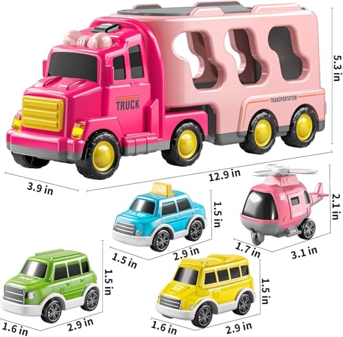 Image of Mini Explorer 5 in 1 Girls Toddler Truck Toys for 3 4 5 6 Year Old, Friction Powered Vehicle Car Set for Toddlers 3-6, Carrier Toys for Kids 3-5, Christmas Birthday Gifts for Boys Age 3-9