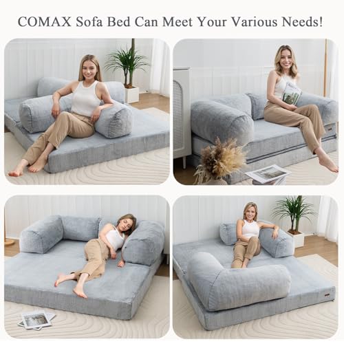 COMAX Folding Sofa Bed Queen, Foldable Couch Bed, Fold Out Futon Chair Sleeper for Adults, Convertible Floor Mattress Sofa for Bedrooom Living Room, Snow Light Grey