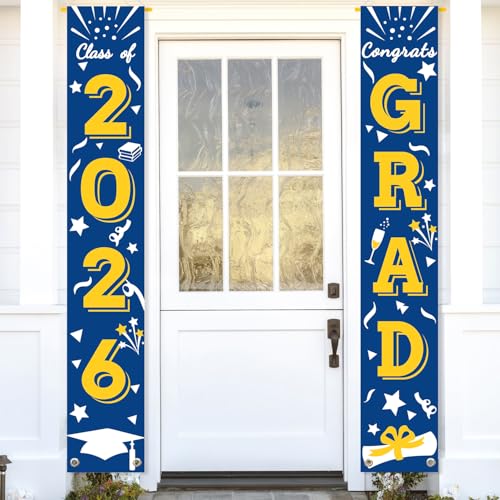 Image of Graduation Porch Banner Class Sign Congrats Grad Hanging Flags High School College University Party Decoration For Front Door Outdoor Blue Yellow
