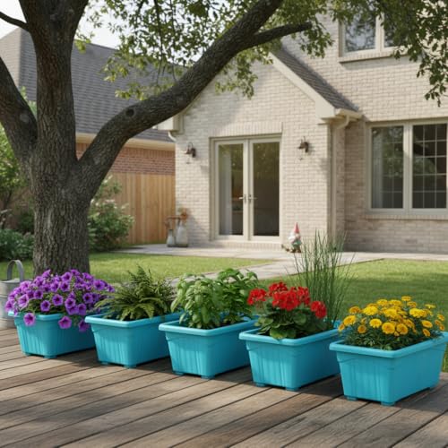 Image of Bianco Rectangular Plastic Pots for Plants, Jupiter Flower Pots for Home, Window Display, Garden (35 x 18.5 x 15 cm) (Blue) (Pack of 5)