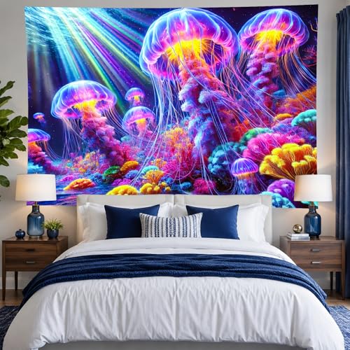 Image of BlissYard Black Light Tapestry UV Reactive Tapestry Glow Tapestry Blacklight Tapestry 78x59 Inches Neon Jellyfish Wall Hanging, Fluorescent Art Decoration with Colorful Sea Life, Oceanic Theme