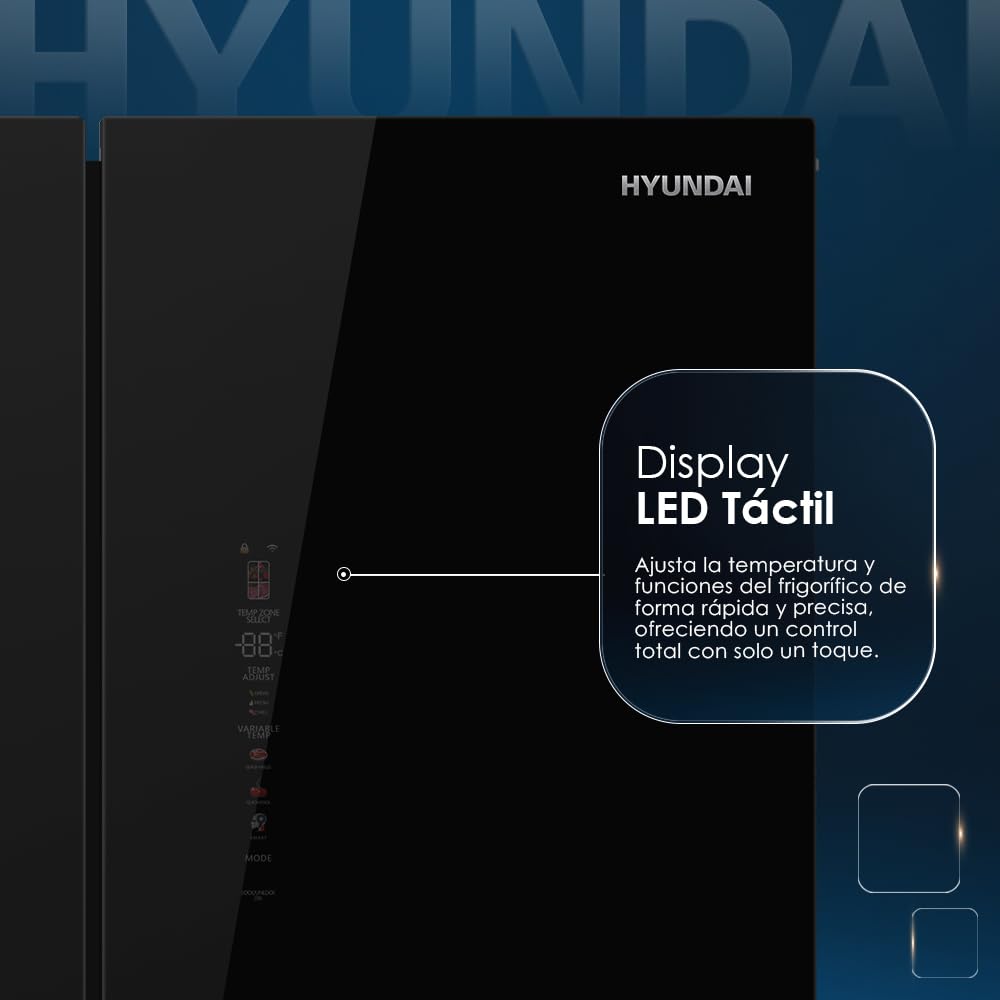 Hyundai Frigorífico Americano Cristal negro, 4 Puertas HQP19283NEDCB00, Capacidad 466 Litros, No Frost, Multi Air Flow, Bajo Nivel Sonoro, Clasificación Energética E
